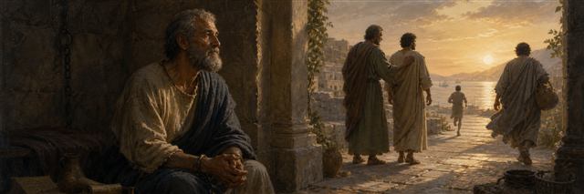 Aged Paul seated in modest confinement as trusted messengers and a runner travel toward sunrise